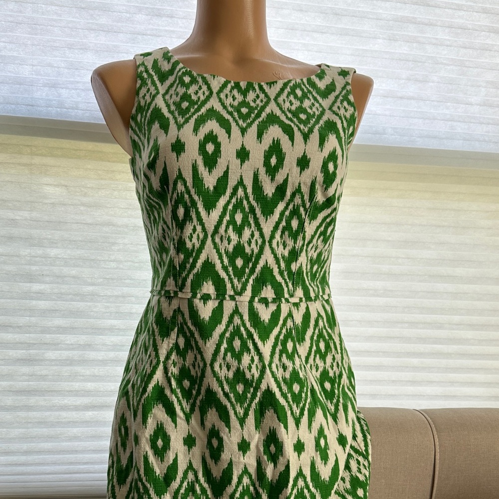 Sleeveless Green and White Ikat Sheath Dress